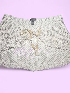 Ann Taylor Cream Crochet Knit Silk Shawl with Velvet Ribbon Tie